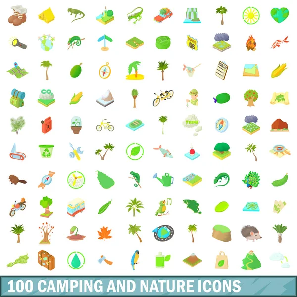 100 Camping- und Natur-Ikonen im Cartoon-Stil — Stockvektor