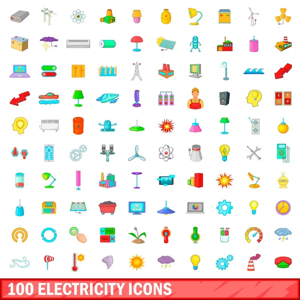 100 conjunto de iconos de electricidad, estilo de dibujos animados — Vector de stock