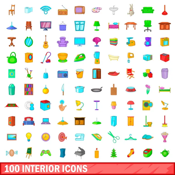 Ensemble de 100 icônes intérieures, style dessin animé — Image vectorielle