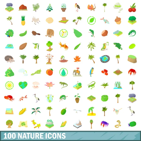 100 іконок природи, мультиплікаційний стиль — стоковий вектор