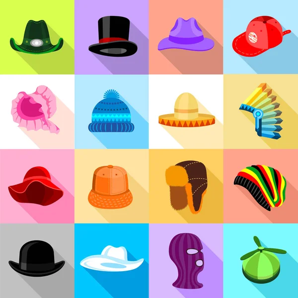Renkli, düz stil Headdress şapka Icons set — Stok Vektör