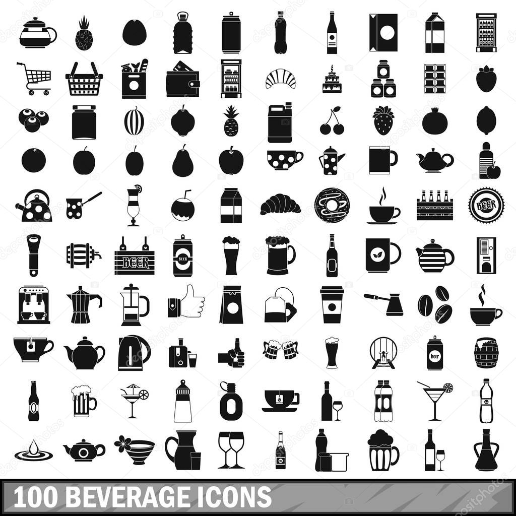 100 beverage icons set in simple style