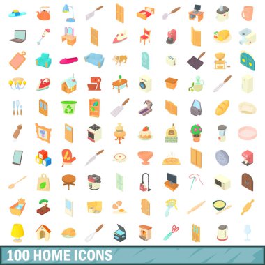 100 ev Icons set, karikatür tarzı