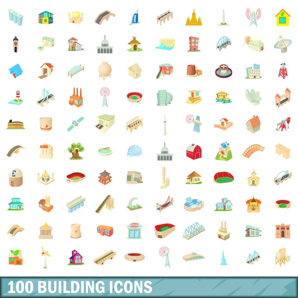 100 κτίριο εικονίδια οριστεί, κινούμενα σχέδια στυλ — Διανυσματικό Αρχείο