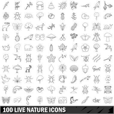 100 doğa Icons set, anahat stili yaşamak