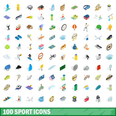 100 spor Icons set, izometrik 3d stili