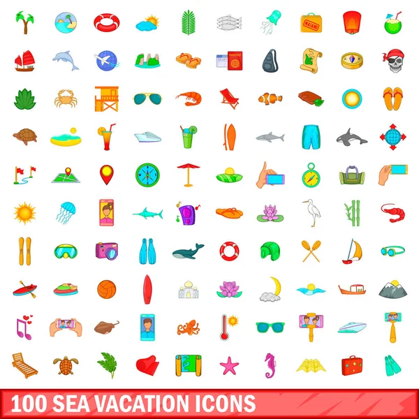 100 conjunto de iconos de vacaciones de mar, estilo de dibujos animados — Vector de stock