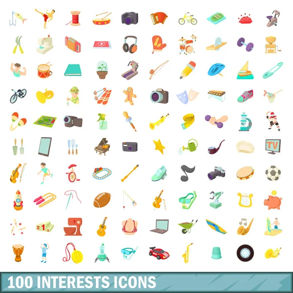 100 iconos de intereses conjunto, estilo de dibujos animados — Vector de stock