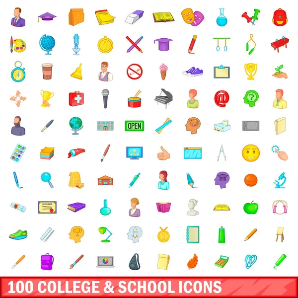 100 conjunto de iconos de la universidad y la escuela, estilo de dibujos animados — Vector de stock