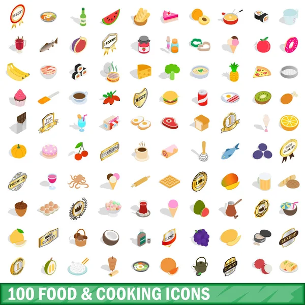 Ensemble de 100 icônes de cuisine et d'alimentation, style 3d isométrique — Image vectorielle