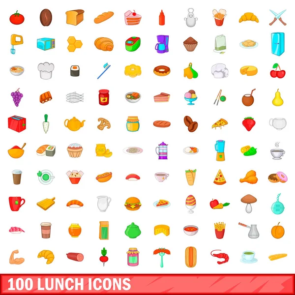 100 lunch pictogrammen instellen, cartoon stijl — Stockvector