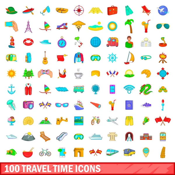 100 iconos de tiempo de viaje conjunto, estilo de dibujos animados — Vector de stock