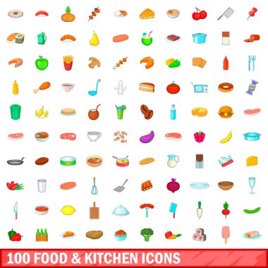 100 yemek ve mutfak simgeler ayarla, tarzı çizgi film