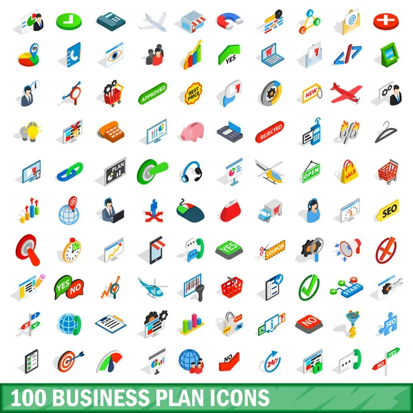 100 business plan iconen set, isometrische 3D-stijl — Stockvector