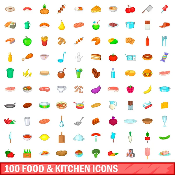 100 yemek ve mutfak simgeler ayarla, tarzı çizgi film