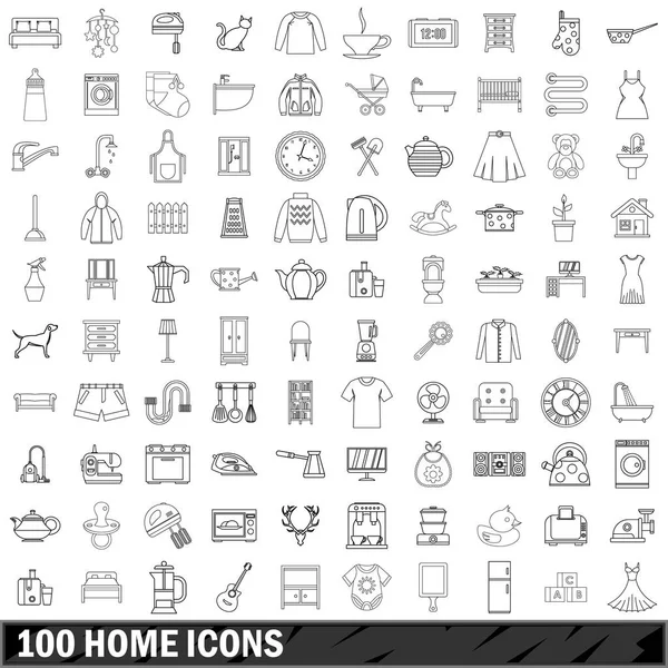 100 ev Icons set, anahat stili — Stok Vektör