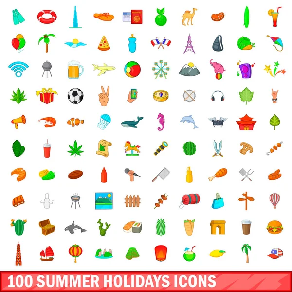 100 conjunto de iconos de vacaciones de verano, estilo de dibujos animados — Vector de stock