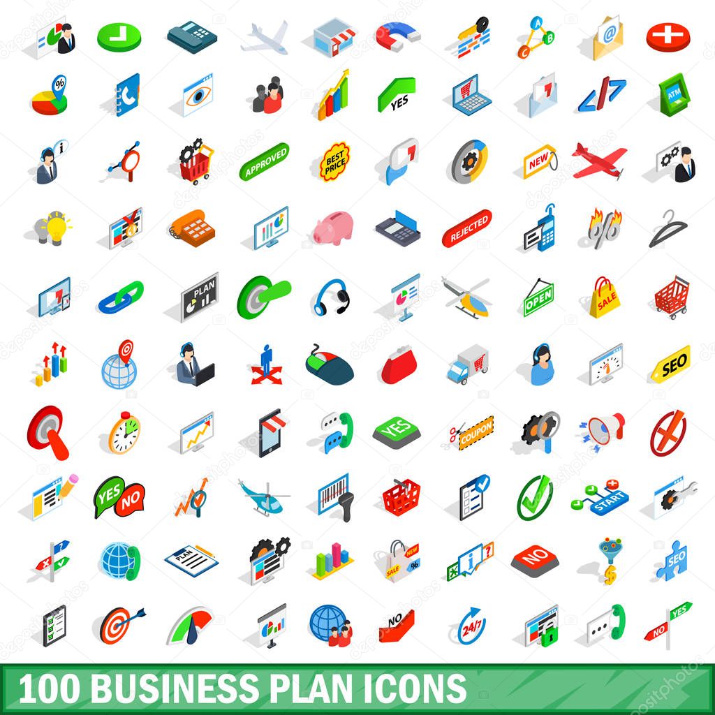 100 business plan icons set, isometric 3d style