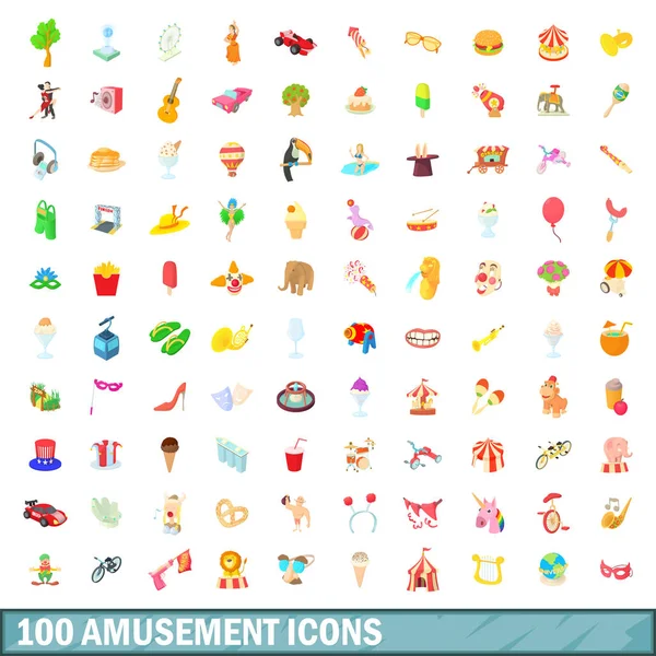100 set di icone di divertimento, stile cartone animato — Vettoriale Stock