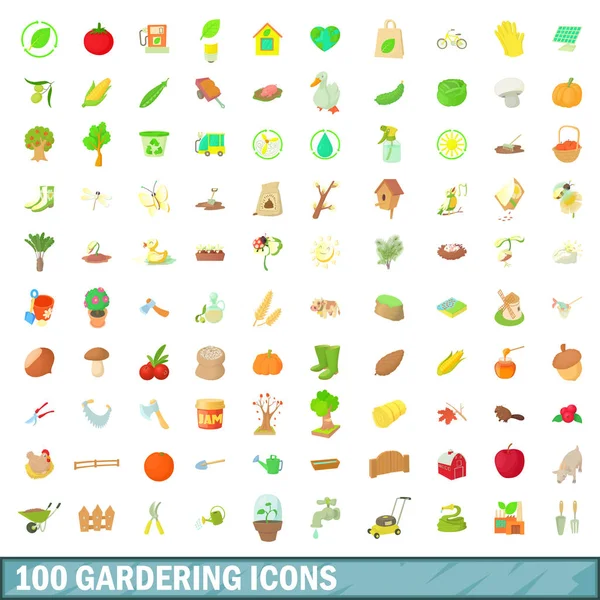 100 gardering iconos conjunto, estilo de dibujos animados — Vector de stock