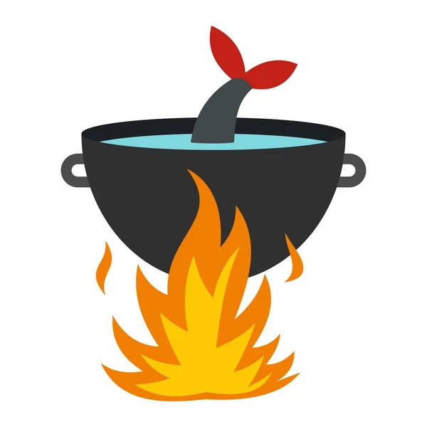 Cocinar sopa de pescado en un icono de fuego, de estilo plano — Vector de stock