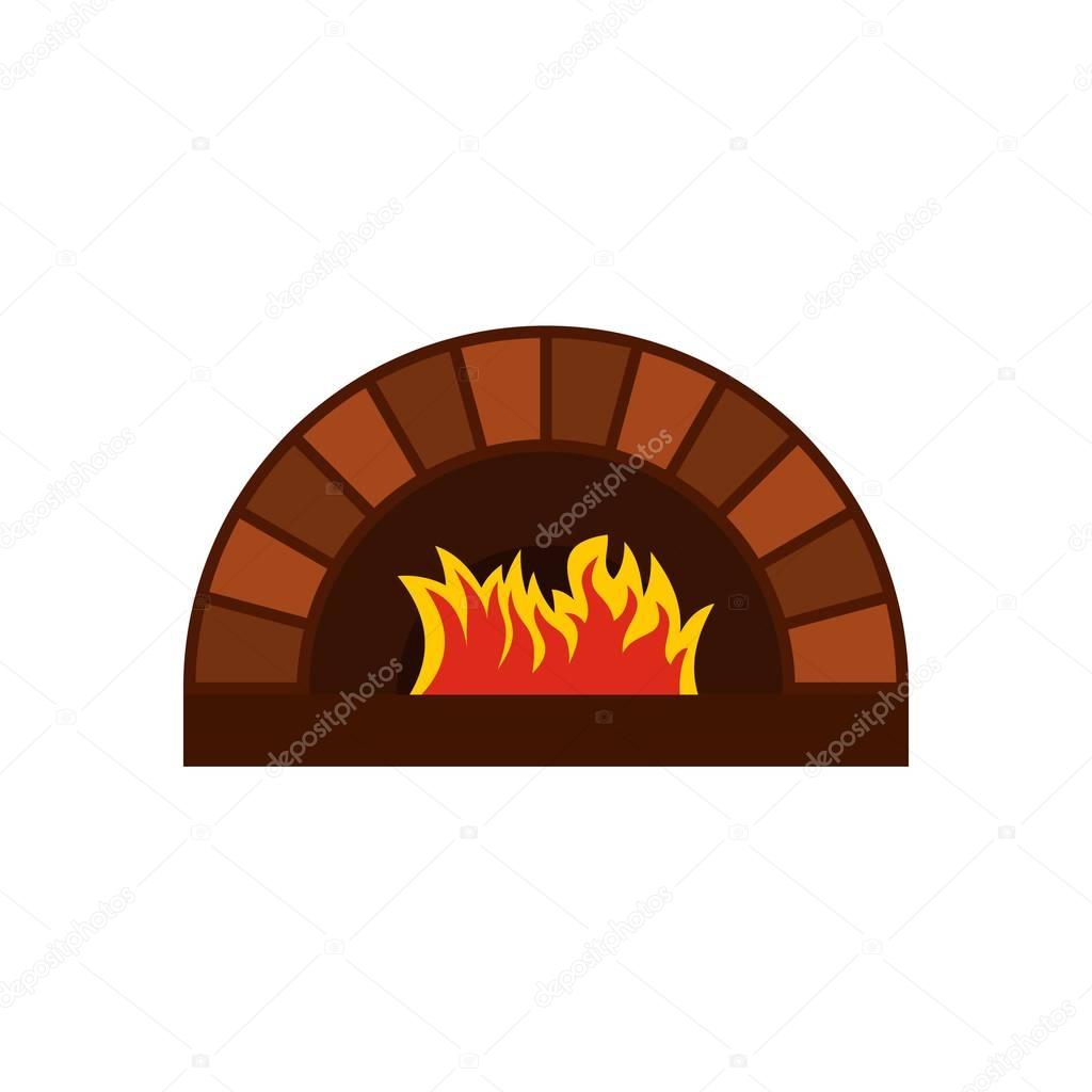Brick pizza oven with fire icon, flat style