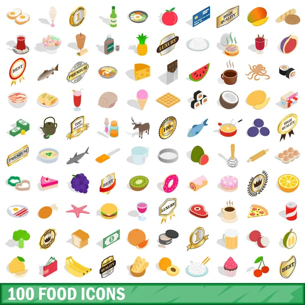 100 voedsel iconen set, isometrische 3D-stijl — Stockvector