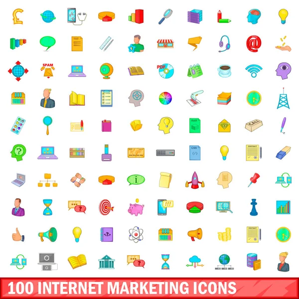 100 наборов иконок интернет-маркетинга, стиль мультфильма — стоковый вектор