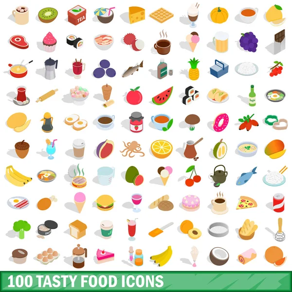 Set di 100 gustose icone alimentari, in stile isometrico 3d — Vettoriale Stock
