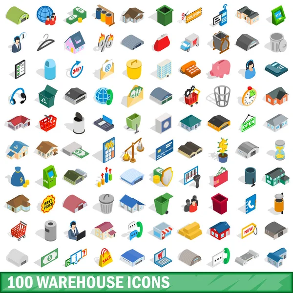 100 conjunto de iconos de almacén, estilo isométrico 3d — Vector de stock