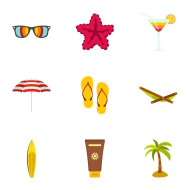 Yaz plaj simgeler ayarla, stil düz