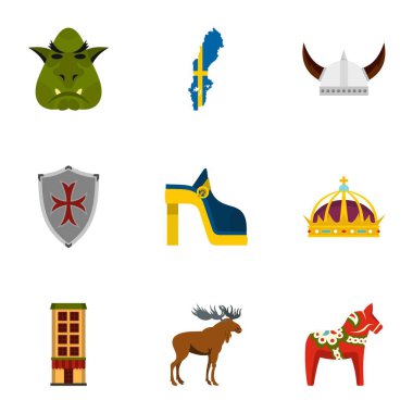 İsveç Seyahat simgeler ayarla, stil düz