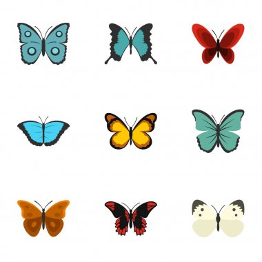 Parlak renkli kelebek Icons set, düz stil
