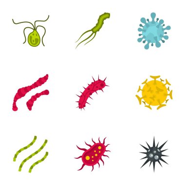Bakteri Icons set, düz stil