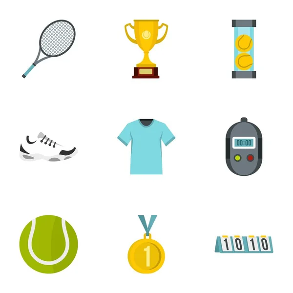 Tennis Attribute Symbole gesetzt, flacher Stil — Stockvektor