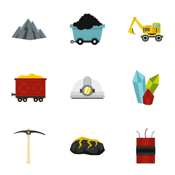 Mineração conjunto de ícones da indústria de carvão, estilo plano — Vetor de Stock