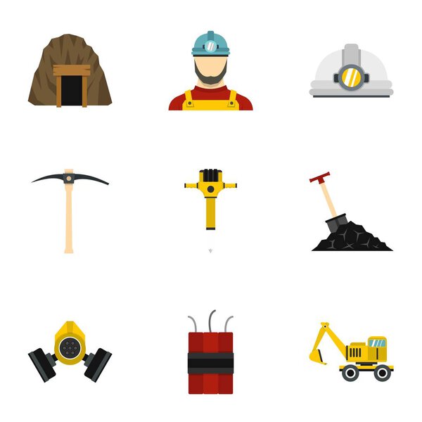 Coal mine icons set, flat style