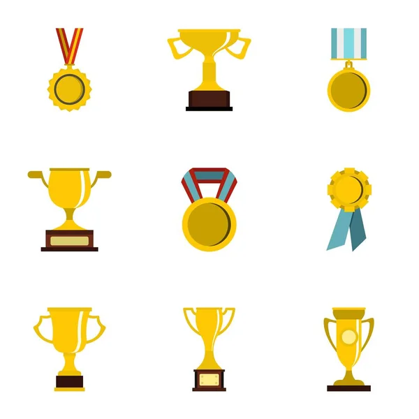 Conjunto de trofeos, medallas e iconos de premios, estilo plano — Archivo Imágenes Vectoriales