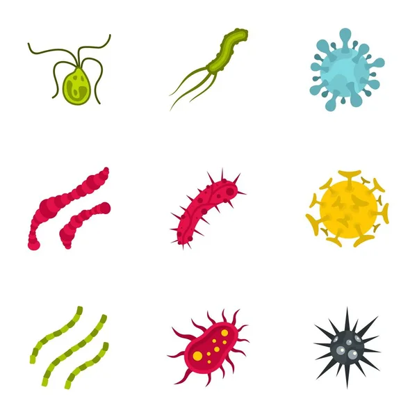 Conjunto de iconos de bacterias, estilo plano — Vector de stock