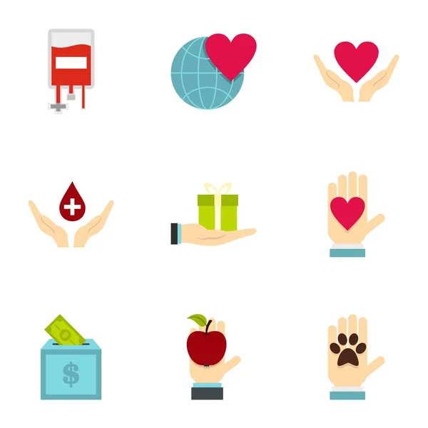 Charity icons set, flat style — Stock Vector