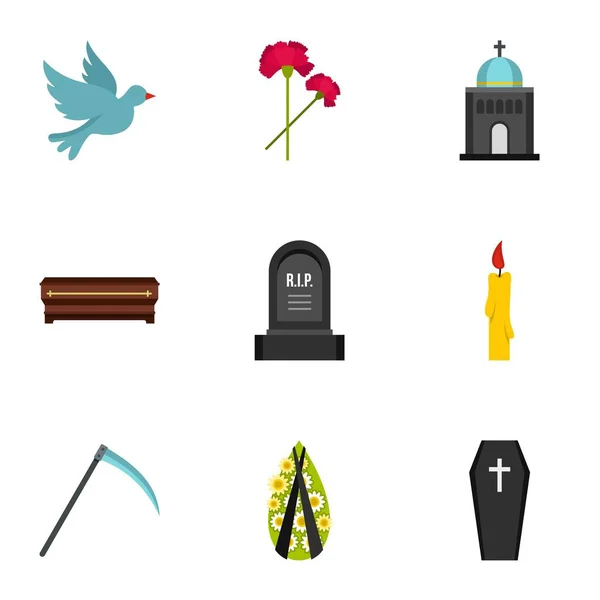 Begraafplaats iconen set, vlakke stijl — Stockvector