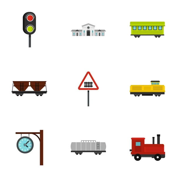 Railway icons set, flat style — Stock Vector