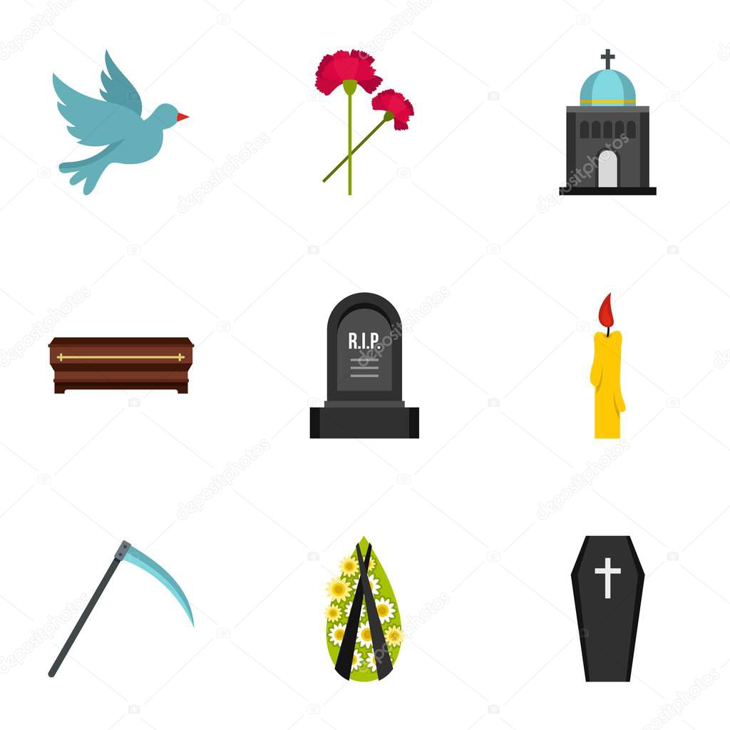 Cemetery icons set, flat style