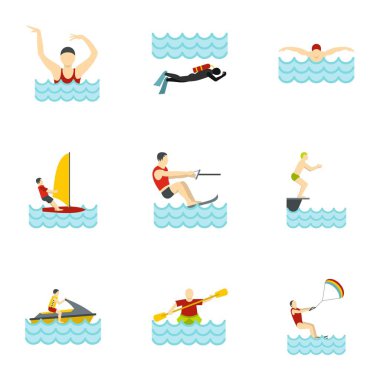 Water activities icons set, flat style clipart