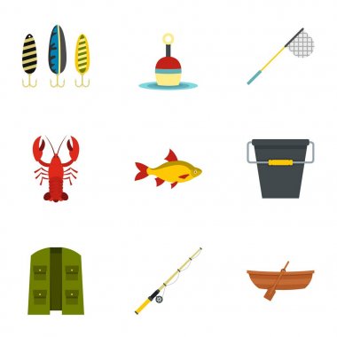 Balıkçılık Icons set, düz stil