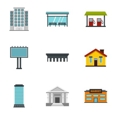 City buildings icons set, flat style clipart
