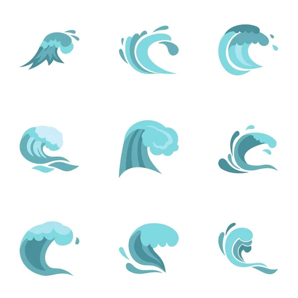 Mar ou oceano ondas ícones conjunto, estilo plano — Vetor de Stock