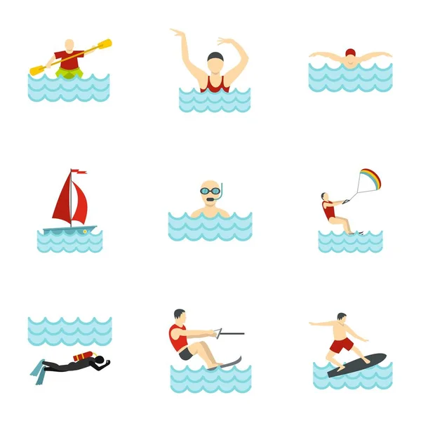 People swimming, sailing, jumping water icons set