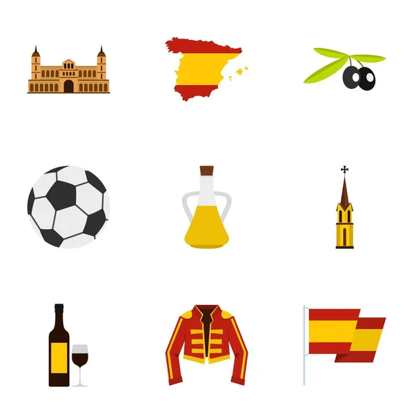 Χαρακτηριστικά γνωρίσματα του πολιτισμού της Ισπανίας εικονίδια ορισμός, επίπεδη στυλ — Διανυσματικό Αρχείο