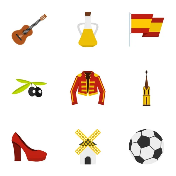 Spanish culture symbols icons set, flat style — Stock Vector